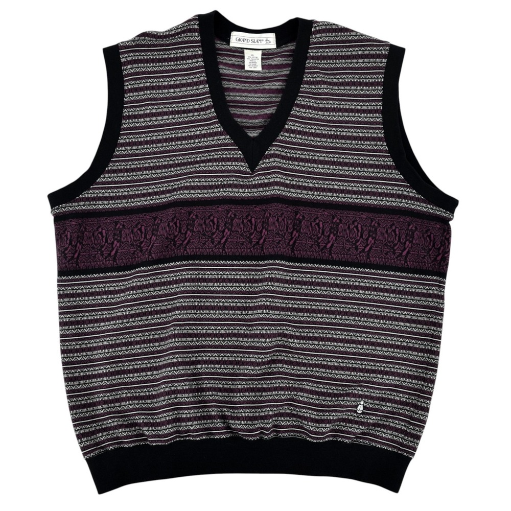 Vintage 90s Grand Slam Sweater Vest XL Gray Plum Fair Isle Grandpa Core Penguin
